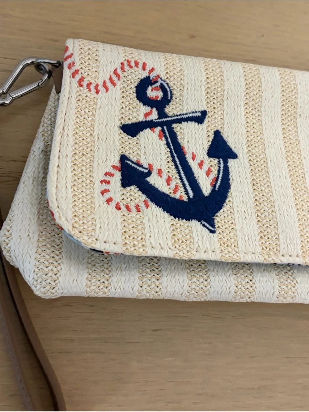 Vera Bradley Cream Striped Wristlet with Navy Anchor